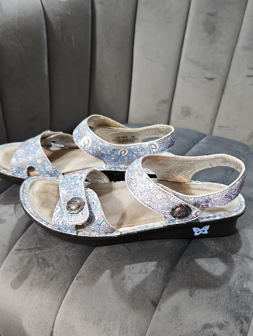 Alegria Girls' Pastel Floral Sandals with Butterfly Accent - Light Blue